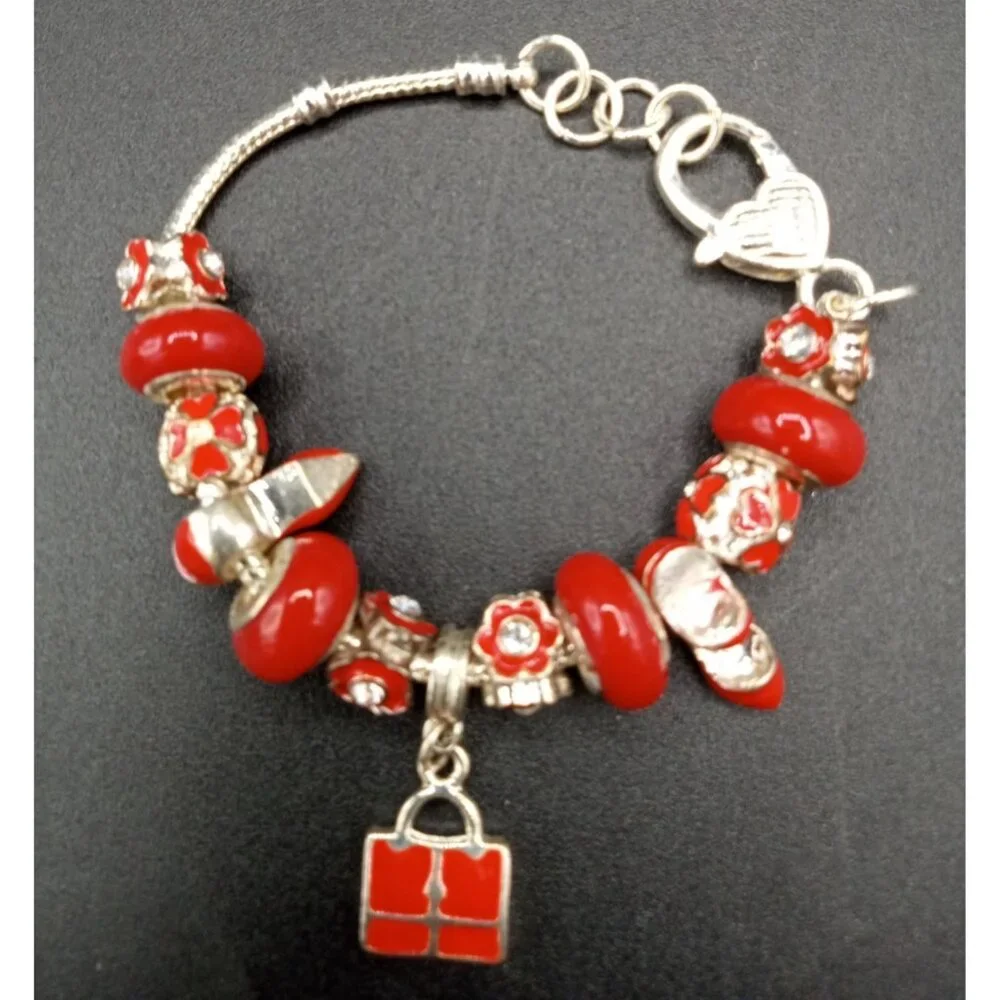 Charm Bracelet Beads Rhinestone Silver Tone Snake Chain Red Statement Jewelry - Picture 2 of 13